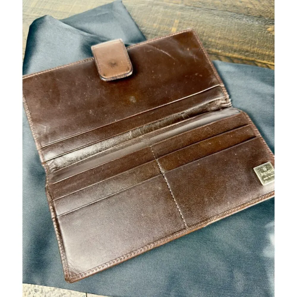 Authentic Fendi Zucca Canvas Long Wallet Brown Leather Bi-Fold with Dust Bag